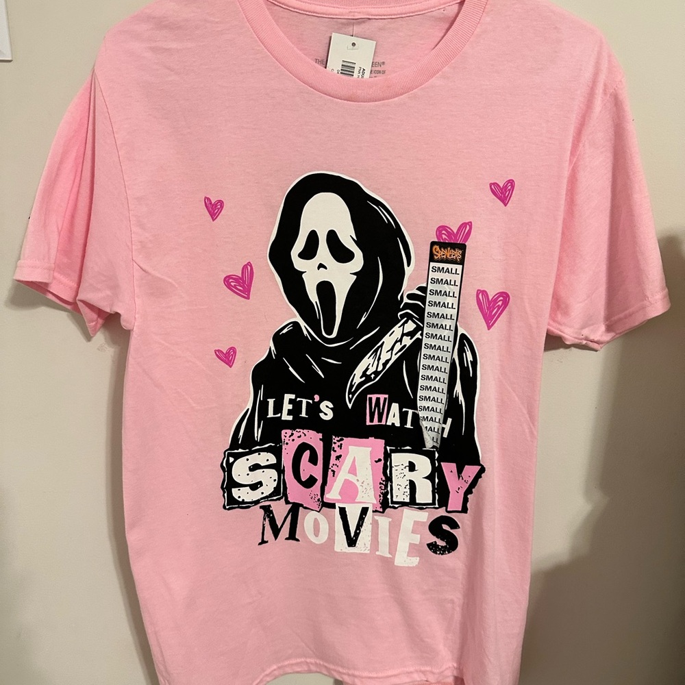 Pink Graphic Tee with Scary Movies Design